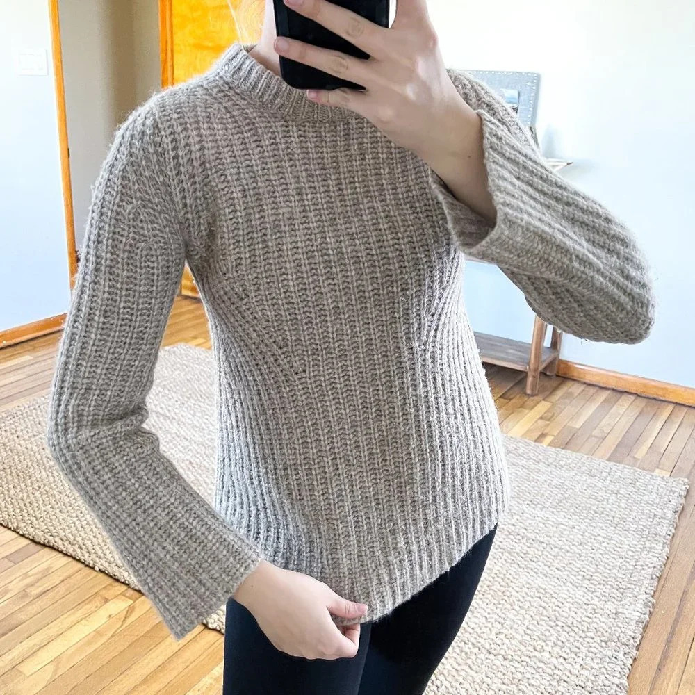 Theory Alpaca Blend Crew Neck Brown Knit Bohemian Classic Designer Sweater P